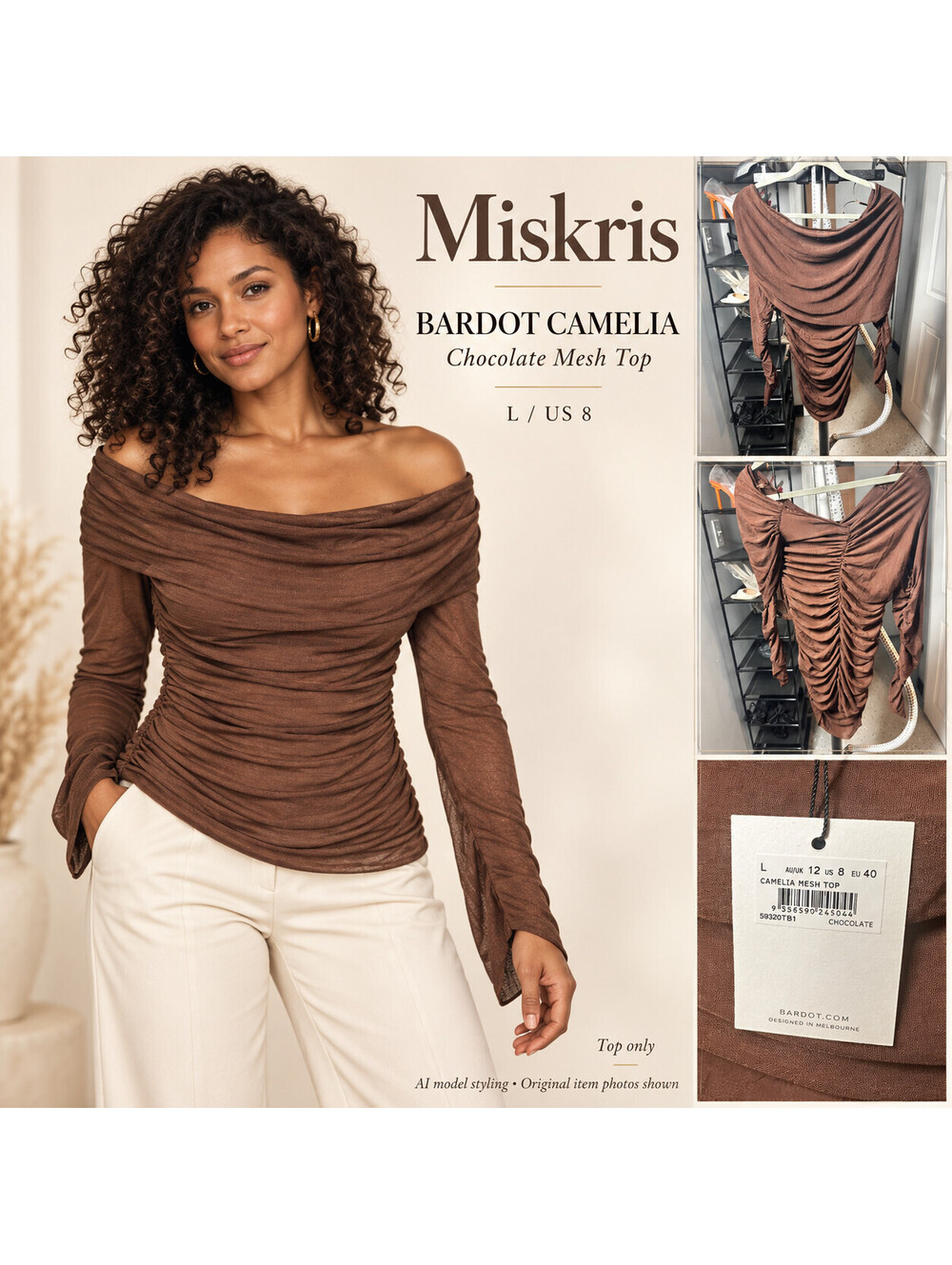 Bardot Camelia Mesh Top Chocolate Brown L US 8 Off Shoulder Ruched Long Sleeve N